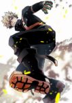  1boy bakugou_katsuki black_footwear black_pants blonde_hair boku_no_hero_academia boots dutch_angle from_below gloves green_gloves highres looking_at_viewer male_focus pants red_eyes smoke solo sparks spiky_hair takehara white_background 