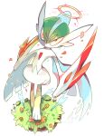  1boy akadako arm_blade arrow_(projectile) bangs blood blood_on_leg blue_hair cape closed_mouth colored_skin commentary_request constricted_pupils dated_commentary flower from_above full_body gallade grass green_hair hair_between_eyes halo highres looking_at_viewer male_focus mega_gallade mega_pokemon mohawk multicolored_hair one-hour_drawing_challenge orange_flower partial_commentary pink_blood pink_flower planted planted_arrow pokemon pokemon_(creature) red_eyes red_flower short_hair simple_background solo standing two-tone_hair weapon white_background white_cape white_skin 