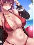  1girl adjusting_clothes adjusting_headwear bangs bikini blue_sky blush breasts closed_mouth clouds cloudy_sky collarbone day earrings eyebrows_visible_through_hair fingernails hand_up heterochromia highres hololive houshou_marine jacket jewelry long_sleeves looking_at_viewer medium_breasts moisture_(chichi) navel necklace off_shoulder open_clothes open_jacket outdoors shiny shiny_hair shiny_skin sidelocks simple_background sky solo stomach swimsuit virtual_youtuber water water_drop wet 