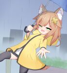  1girl animal_ear_fluff animal_ears bangs black_legwear cat_ears cat_tail coat eyebrows_visible_through_hair fang green_eyes hair_ornament holding hood hood_down hooded_coat indie_virtual_youtuber leaning_back loli looking_at_viewer nekoname_tuna open_mouth orange_hair outdoors outstretched_arm outstretched_hand rain raincoat reaching reaching_out shirt smug solo squinting stepping tail thigh-highs umbrella virtual_youtuber walking white_shirt yellow_coat yellow_raincoat yig_yuki_(yig-gha) 