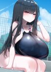  1girl akitokage bangs black_hair blue_sky blunt_bangs blush breasts competition_swimsuit eyebrows_visible_through_hair gate hairclip_removed highres huge_breasts long_hair looking_at_viewer one-piece_swimsuit original poolside sitting sky solo swimsuit violet_eyes wet wet_clothes wet_hair wet_swimsuit 