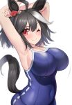  1girl ;) ahoge animal_ears armpits blue_swimsuit breasts closed_mouth commentary_request covered_navel highres horse_ears horse_girl horse_tail kibihimi kitasan_black_(umamusume) large_breasts multicolored_hair one-piece_swimsuit one_eye_closed red_eyes school_swimsuit short_hair simple_background smile solo streaked_hair swimsuit tail umamusume wet wet_clothes wet_swimsuit white_background white_hair 
