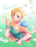  1girl bianca_(dq5) birthday blonde_hair blue_eyes blush bracelet braid breasts cape choker defense_zero dragon_quest dragon_quest_v earrings english_text flower green_eyes hair_over_shoulder jewelry large_breasts long_hair looking_at_viewer orange_cape single_braid slime_(dragon_quest) smile 