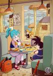 1boy 1girl bag black_hair blue_eyes blue_hair booth_seating breasts bulma cafe commentary_request desert diner dragon_ball dragon_ball_(classic) eating food highres holding ice_cream indoors norita_(6110885) open_mouth ponytail power_lines restaurant sandals school_bag sitting smile son_goku spiky_hair spoon staff table 