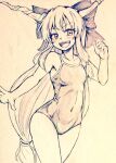  1girl bow breasts commentary_request covered_navel cowboy_shot d-m_(dii_emu) eyebrows_visible_through_hair eyelashes fang greyscale hair_bow horns ibuki_suika long_hair looking_at_viewer monochrome one-piece_swimsuit oni_horns open_mouth small_breasts swimsuit touhou traditional_media 