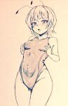  1girl blush breasts commentary_request covered_navel cowboy_shot d-m_(dii_emu) embarrassed eyebrows_visible_through_hair eyelashes greyscale looking_at_viewer monochrome one-piece_swimsuit open_mouth short_hair small_breasts swimsuit touhou traditional_media wriggle_nightbug 