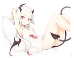  1girl babydoll blush breasts demon_girl hair_ribbon horns linnkou on_bed original red_eyes ribbon short_hair simple_background small_breasts solo tail white_background white_hair 