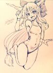  1girl bare_legs barefoot bow breasts commentary_request covered_navel d-m_(dii_emu) eyebrows_visible_through_hair eyelashes fang greyscale hair_bow horns ibuki_suika long_hair looking_at_viewer monochrome one-piece_swimsuit oni_horns short_hair small_breasts swimsuit toes touhou traditional_media 