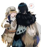  1boy 1girl anger_vein artoria_pendragon_(caster)_(fate) artoria_pendragon_(fate) belt black_hair blonde_hair brown_belt brown_gloves cape cheek_pull claws commentary crying diamond_hairband facing_away fate/grand_order fate_(series) fur-trimmed_cape fur_trim gloves grey_headwear grey_shirt hat insect_wings long_hair oberon_(fate) pouch shirt short_hair short_sleeves simple_background spoilers ss_un17 twintails upper_body white_background wings 