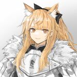  absurdres animal_ear_fluff animal_ears arknights armor bangs black_bow blemishine_(arknights) blonde_hair bow breastplate eyebrows_visible_through_hair fur_trim gradient gradient_background grey_background hair_bow highres kingdom_of_kazimierz_logo looking_at_viewer rain_(rain8649) smile upper_body 