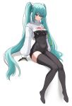  1girl absurdres aqua_eyes aqua_hair bangs black_bodysuit black_legwear bodysuit breast_curtains breasts closed_mouth commentary covered_navel erenav eyebrows_visible_through_hair full_body hair_ornament hatsune_miku highres knees_together_feet_apart long_hair long_sleeves looking_down puffy_long_sleeves puffy_sleeves racing_miku_(2022) shadow shrug_(clothing) sitting small_breasts smile solo thigh-highs twintails vocaloid 