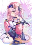  1girl absurdres animal_ears arknights bare_shoulders black_choker black_hairband black_skirt blush braid cat_ears cat_girl cat_tail choker coat collarbone electricity full_body garter_straps goldenglow_(arknights) hairband hands_in_hair high-waist_skirt highres id_card lightning_bolt_print long_hair long_sleeves open_clothes open_coat parted_lips pink_coat pink_hair pixerite shirt side_braid skirt sleeveless sleeveless_shirt solo tail thigh-highs white_shirt yellow_eyes yorha_no._2_type_b zettai_ryouiki 