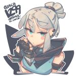  1girl blush breasts eyebrows_visible_through_hair grey_hair hair_behind_ear head_tilt holding holding_knife hood hooded_jacket jacket jett_(valorant) jr4rt knife medium_breasts open_mouth ponytail portrait sleeveless sleeveless_jacket solo valorant 