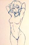  1girl arms_behind_head breasts commentary_request covered_navel cowboy_shot d-m_(dii_emu) embarrassed eyebrows_visible_through_hair eyelashes greyscale highleg highleg_leotard kazami_yuuka leotard looking_at_viewer monochrome short_sleeves touhou traditional_media 