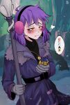  1girl amity_blight animal belt black_shirt blush bottle cat cave clay closed_mouth ear_focus earmuffs finger_gun ghost_(the_owl_house) gloves grey_gloves hand_up highres holding holding_staff iotxva jacket key magic purple_hair purple_jacket shirt short_hair smile snow solo speech_bubble staff stalactite tamagotchi the_owl_house witch yellow_eyes 