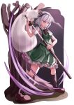  1girl bare_tree black_bow black_bowtie black_footwear black_hairband black_ribbon blue_eyes bob_cut bow bowtie collared_shirt frills ghost green_skirt green_vest hair_ribbon hairband highres katana konpaku_youmu konpaku_youmu_(ghost) maboroshi_mochi mary_janes ribbon scabbard serious sheath sheathed shirt shoes short_hair short_sleeves silver_hair skirt skirt_set slash socks solo sword touhou tree unsheathing vest weapon white_shirt 