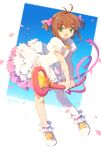  1girl :d ankle_cuffs antenna_hair brown_hair cardcaptor_sakura dated dress falling_petals frilled_dress frills full_body green_eyes hair_ribbon highres holding holding_wand kinomoto_sakura open_mouth petals pink_ribbon puffy_short_sleeves puffy_sleeves ribbon shoes short_hair short_sleeves short_twintails shuangsen signature smile solo standing star_(symbol) twintails two-tone_background wand white_background white_dress white_footwear 