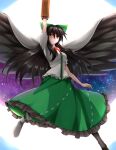  1girl arm_cannon arm_up asymmetrical_footwear bangs bird_wings black_footwear black_hair black_legwear black_wings bow breasts cape center_frills closed_mouth collared_shirt commentary control_rod frilled_skirt frills full_body green_bow green_skirt hair_between_eyes hair_bow highres long_hair long_skirt looking_at_viewer medium_breasts meso_(zgmf-xv) mismatched_footwear puffy_short_sleeves puffy_sleeves red_eyes reiuji_utsuho shirt shoes short_sleeves single_shoe skirt smile solo starry_sky_print third_eye touhou weapon white_background white_cape white_shirt wings 