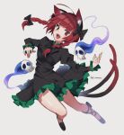 1girl :d absurdres animal_ears black_bow bow braid cat_ears cat_tail dress extra_ears full_body grey_background hair_bow highres kaenbyou_rin kamenozoki_momomo long_sleeves looking_at_viewer multiple_tails open_mouth red_eyes redhead shoes skull smile solo tail touhou twin_braids two_tails 