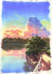  border bridge clouds cumulonimbus_cloud highres no_humans original outdoors painting_(medium) river sawitou_mizuki scan scenery sunset traditional_media tree white_border 