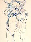  1girl breasts commentary_request covered_navel cowboy_shot d-m_(dii_emu) eyebrows_visible_through_hair eyelashes greyscale horns ibuki_suika leotard long_hair looking_at_viewer monochrome oni_horns open_mouth small_breasts swimsuit touhou traditional_media v very_long_hair 