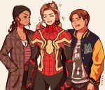  1girl 2boys ^_^ absurdres bangs bodysuit brown_jacket closed_eyes collarbone dark-skinned_female dark-skinned_male dark_skin hair_behind_ear hand_in_another&#039;s_hair hand_in_pocket highres jacket jewelry letterman_jacket low_ponytail marvel marvel_cinematic_universe michelle_&quot;mj&quot;_jones multiple_boys necklace ned_leeds open_mouth peter_parker plaid plaid_jacket red_bodysuit red_shirt shirt smile spider-man spider-man:_no_way_home spider-man_(series) spider_web_print superhero sushi_pizza_rrr unmoving_pattern v-shaped_eyebrows white_shirt 