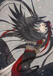  1girl absurdly_long_hair black_feathers black_hair black_wings commentary_request earrings eyeshadow feathered_wings hair_bun harpy highres hoop_earrings jewelry long_hair makeup monster_girl obi original sash sleeveless solo very_long_hair winged_arms wings yumeko_(yumeyana_g) 