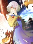  1girl absurdres arm_at_side blurry blurry_background bow bowtie brooch building commentary covering_mouth cowboy_shot dress eyebrows_behind_hair feathered_wings hair_between_eyes hand_to_own_mouth hand_up highres ikasoba jacket jewelry kishin_sagume long_sleeves looking_at_viewer open_clothes open_jacket orb pillar purple_dress red_bow red_bowtie red_eyes short_hair silver_hair single_wing solo touhou white_wings wings yellow_jacket yin_yang yin_yang_orb 