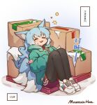  1girl :3 :d =_= ah_zhong_(mountain_han) animal_ears blue_hair blush box cardboard_box chinese_text coat drunk fang fox_ears fox_tail green_coat hood hood_down hooded_coat leaning_back long_sleeves mountain_han multiple_tails original pantyhose reclining red_shorts short_shorts shorts sitting smile solo tail translation_request winter_clothes winter_coat 