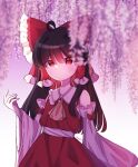  1girl absurdres ahoge ascot bow brown_hair cherry_blossoms detached_sleeves dress eyebrows_visible_through_hair frilled_bow frilled_hair_tubes frills hair_bow hair_tubes hakurei_reimu highres hirashi_yr long_hair looking_at_viewer nontraditional_miko red_bow red_dress red_eyes red_shirt red_skirt ribbon-trimmed_sleeves ribbon_trim shirt sidelocks skirt skirt_set sleeveless sleeveless_dress solo touhou tree white_background wide_sleeves yellow_ascot 