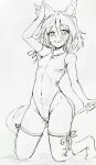  1girl animal_ears breasts commentary_request corked_bottle covered_navel d-m_(dii_emu) eyebrows_visible_through_hair eyelashes fox_ears fox_girl fox_shadow_puppet fox_tail full_body greyscale kudamaki_tsukasa looking_at_viewer monochrome one-piece_swimsuit short_hair small_breasts socks swimsuit tail test_tube touhou traditional_media 
