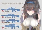  absurdres anger_vein bare_shoulders black_hair blue_eyes breasts eyebrows_visible_through_hair girls_frontline gun h&amp;k_g28 hairband highres large_breasts long_hair martinreaction mk_12_spr rifle shaded_face silhouette sleeveless smile super_sass super_sass_(girls&#039;_frontline) weapon 