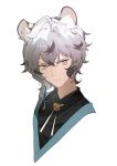  1boy angry animal_ears arknights bishounen black_shirt cropped_torso fox_boy fox_ears grey_hair highres indai_(3330425) looking_at_viewer male_focus necklage raised_eyebrows shirt silverash_(arknights) simple_background solo upper_body white_background 