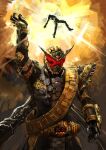  2018 2boys apocalypse armor black_armor black_footwear black_gloves boots clenched_hand clock clock_hands commission cowboy_shot death driver_(kamen_rider) evil explosion finishing_move full_body gloves glowing glowing_eyes gold_armor gold_trim highres hitode6 kamen_rider kamen_rider_zi-o_(series) long_coat male_focus multiple_boys ouma_zi-o powering_up red_eyes rider_belt rider_watch skeb_commission tokusatsu waistcoat 