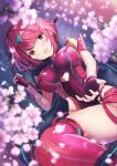  1girl bangs black_gloves breasts chest_jewel earrings fingerless_gloves gloves highres jewelry karuushi large_breasts pyra_(xenoblade) red_eyes red_legwear red_shorts redhead short_hair short_shorts shorts solo swept_bangs thigh-highs tiara xenoblade_chronicles_(series) xenoblade_chronicles_2 