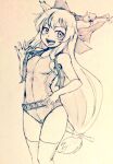  1girl belt breasts commentary_request covered_navel cowboy_shot d-m_(dii_emu) eyebrows_visible_through_hair eyelashes greyscale horns ibuki_suika long_hair looking_at_viewer monochrome one-piece_swimsuit oni_horns scarf small_breasts swimsuit touhou traditional_media 