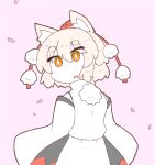  1girl animal_ears bright_pupils eyebrows_visible_through_hair galvez hat inubashiri_momiji open_mouth pink_background pom_pom_(clothes) red_eyes red_headwear shirt short_eyebrows short_hair simple_background solo tokin_hat touhou white_hair white_pupils white_shirt wolf_ears 