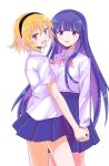  2girls :d black_hairband blonde_hair blue_hair blue_skirt collared_shirt eyebrows_visible_through_hair fang furude_rika hairband highres higurashi_no_naku_koro_ni holding_hands houjou_satoko long_hair long_sleeves looking_at_viewer multiple_girls necktie pink_necktie pleated_skirt red_eyes school_uniform shirt short_hair short_sleeves sierit skirt smile st._lucia_academy_school_uniform violet_eyes white_shirt 