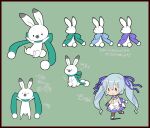  1girl 1other animal animal_ears animal_focus bare_arms blue_scarf blush_stickers character_sheet chibi commentary dress fingerless_gloves full_body gloves green_scarf hair_ribbon hatsune_miku holding holding_animal light_blue_hair long_hair looking_at_viewer multiple_views necktie nekosumi official_art outstretched_arms pantyhose pom_pom_(clothes) purple_gloves purple_ribbon purple_scarf rabbit rabbit_ears rabbit_tail rabbit_yukine ribbon scarf sleeveless sleeveless_dress smile solid_oval_eyes standing tail translated twintails very_long_hair vocaloid walking white_dress yellow_necktie yuki_miku yuki_miku_(2014) 