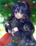  1girl armor bangs belt blue_eyes blue_hair cape dated eyebrows_visible_through_hair fingerless_gloves fire_emblem fire_emblem_awakening gloves highres hinasuzu69 holding holding_mask long_hair long_sleeves looking_at_viewer lucina_(fire_emblem) mask mask_removed outdoors shoulder_armor smile solo tiara tree 