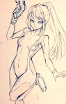  1girl bodysuit breasts closed_mouth commentary_request covered_navel d-m_(dii_emu) greyscale high_heels long_hair looking_at_viewer metroid monochrome ponytail samus_aran serious skin_tight small_breasts traditional_media zero_suit 