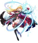 1girl armor bangs black_footwear black_gloves blonde_hair boots breasts brown_eyes cape cleavage_cutout clothing_cutout elbow_gloves fire_emblem fire_emblem:_genealogy_of_the_holy_war fire_emblem_heroes full_body gloves gradient gradient_clothes highres holding lachesis_(fire_emblem) long_hair looking_away medium_breasts non-web_source official_alternate_costume official_art open_mouth satoupote sheath sheathed shiny shiny_hair shoulder_armor solo sparkle staff sword thigh-highs thigh_boots torn_cape torn_clothes transparent_background weapon zettai_ryouiki 