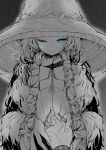  1girl absurdres cloak commentary cracked_skin elden_ring extra_faces fur_cloak gauntlets greyscale hat hat_ornament hemuling highres holding_hands large_hat long_hair monochrome one_eye_closed pov pov_hands ranni_the_witch spot_color very_long_hair witch_hat 