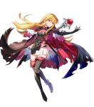  1girl armor bangs black_footwear black_gloves blonde_hair boots breasts brown_eyes cape cleavage_cutout closed_mouth clothing_cutout elbow_gloves fire_emblem fire_emblem:_genealogy_of_the_holy_war fire_emblem_heroes full_body gloves gradient gradient_clothes highres holding lachesis_(fire_emblem) long_hair looking_away medium_breasts non-web_source official_alternate_costume official_art satoupote shiny shiny_hair shoulder_armor solo staff sword thigh-highs thigh_boots torn_cape torn_clothes transparent_background weapon zettai_ryouiki 