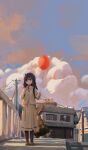  1girl :3 absurdres backpack bag balloon bangs beige_jacket beige_skirt black_hair black_legwear brown_footwear building closed_mouth clouds cloudy_sky collared_shirt cowltori dusk full_body green_eyes hair_over_one_eye hands_up highres holding holding_balloon holding_strap kuroki_tomoko long_hair long_sleeves looking_up necktie one_eye_covered outdoors pantyhose power_lines red_necktie shirt sidewalk single_horizontal_stripe sky solo standing swept_bangs tree utility_pole watashi_ga_motenai_no_wa_dou_kangaetemo_omaera_ga_warui! white_shirt 