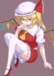  1girl ascot blonde_hair flandre_scarlet garter_straps hat highres kakone looking_at_viewer mary_janes mob_cap nail_polish puffy_short_sleeves puffy_sleeves red_eyes red_footwear red_nails red_ribbon ribbon shoes short_sleeves side_ponytail skirt skirt_set solo thigh-highs touhou vest white_legwear wings 