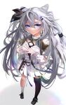  1girl absurdres animal_ears asymmetrical_legwear breasts closed_mouth dress fingers_together foreshortening from_above full_body grey_hair highres hololive hololive_indonesia kneehighs long_hair looking_at_viewer sazuna_(user_gepn5443) silver_hair single_kneehigh single_thighhigh thigh-highs very_long_hair vestia_zeta violet_eyes virtual_youtuber 