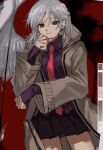 1girl bangs contrapposto cowboy_shot gotagotay grey_jacket highres jacket jewelry kishin_sagume light_smile long_sleeves looking_at_viewer necktie open_clothes open_jacket red_background red_eyes signature silver_hair simple_background single_wing solo touhou unfinished user_interface wings 