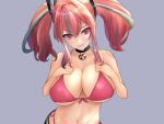  1girl asanagi_shion azur_lane bangs bare_shoulders bikini black_choker breasts bremerton_(azur_lane) choker collarbone commentary_request front-tie_bikini front-tie_top grey_background grey_hair grin hair_between_eyes hair_intakes hands_on_own_chest head_tilt large_breasts long_hair looking_at_viewer mole mole_under_eye multicolored_hair navel pink_bikini pink_eyes pink_hair simple_background smile solo stomach streaked_hair swimsuit twintails upper_body 