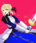  1girl armor armored_dress artoria_pendragon_(fate) blonde_hair braid breastplate cowboy_shot excalibur_(fate/stay_night) fate_(series) french_braid from_side gauntlets green_eyes hair_ribbon highres juliet_sleeves long_sleeves meow_(cindy738) open_mouth pink_background puffy_sleeves ribbon saber solo teeth tongue upper_teeth 